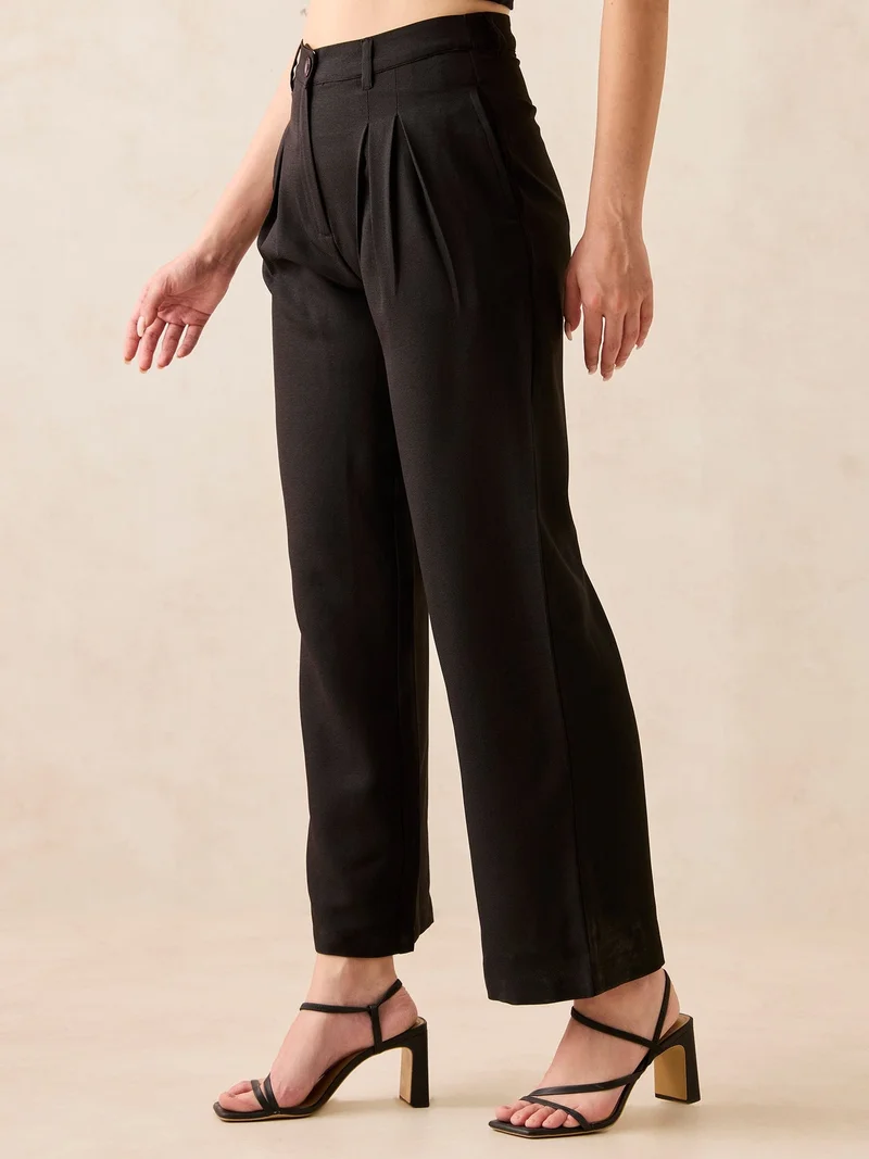 Outzidr  Black High Waisted Wide Leg Trousers for Women | Best Price UAE